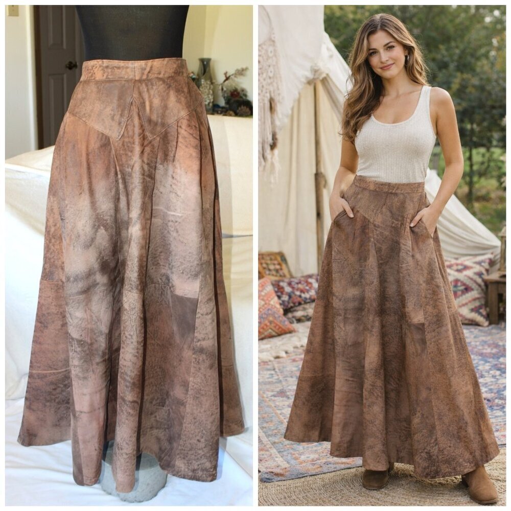 VTG Handmade Leather Midi Skirt Psychedelic pattern Pockets Y2K Cowgirl Size M?